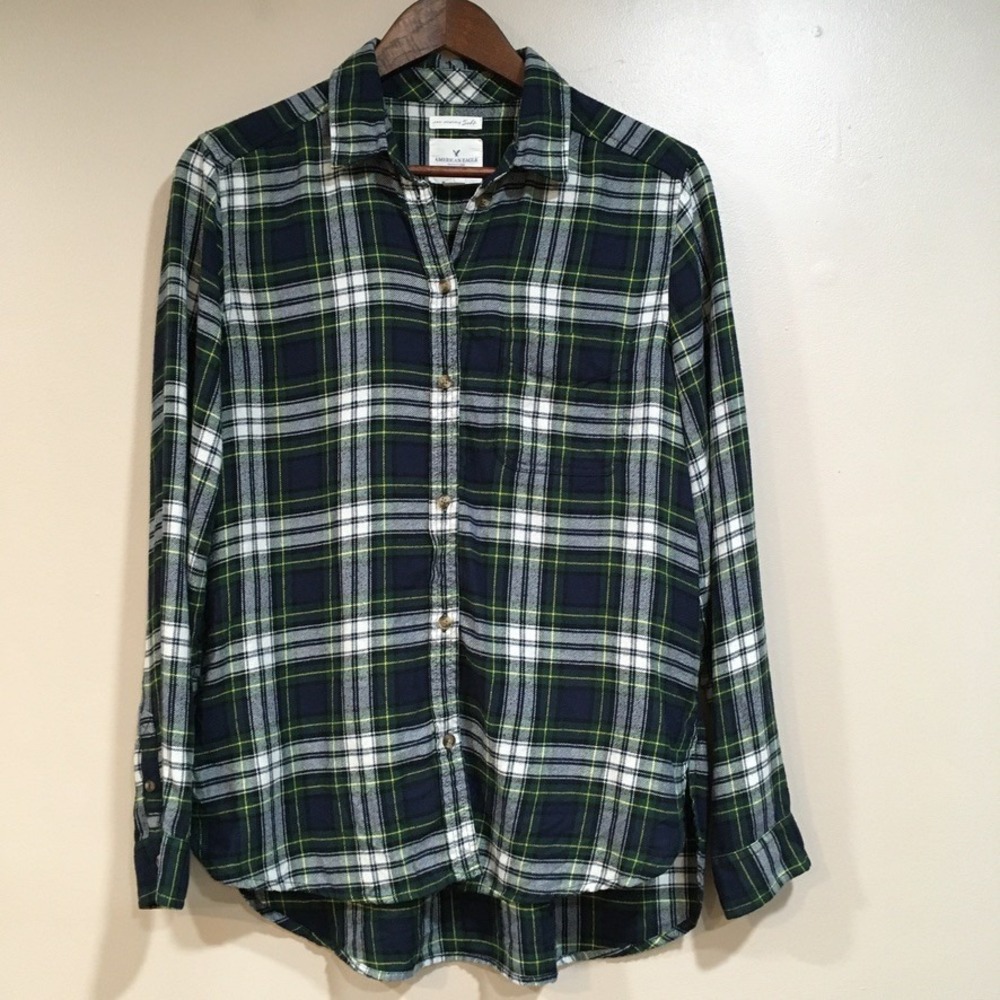 American‎ Eagle Boyfriend Fit Plaid Flannel Shirt Womens M Green White Grunge